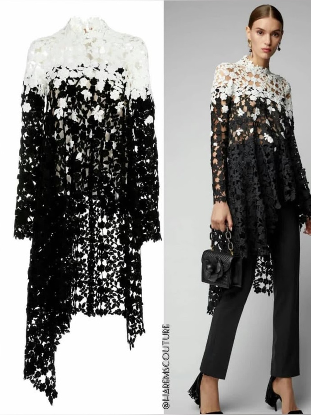 Oscar de la Renta Sheer Floral Lace High-Low Tunic Top in Black and White, S 10